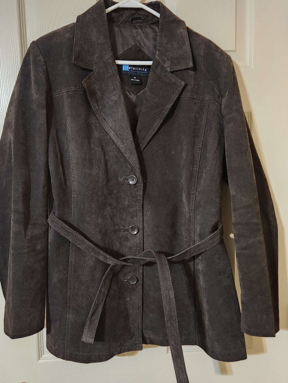 (r)elativity Womens Brown 100% Leather Belted Collared Lined Jacket Pockets XL